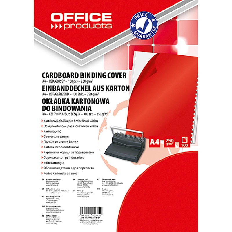 Okładki do bindowania Office Products, karton, A4, 250gsm, błyszczące, zestaw 100 sztuk., | espryciarze.pl |Zamów online!