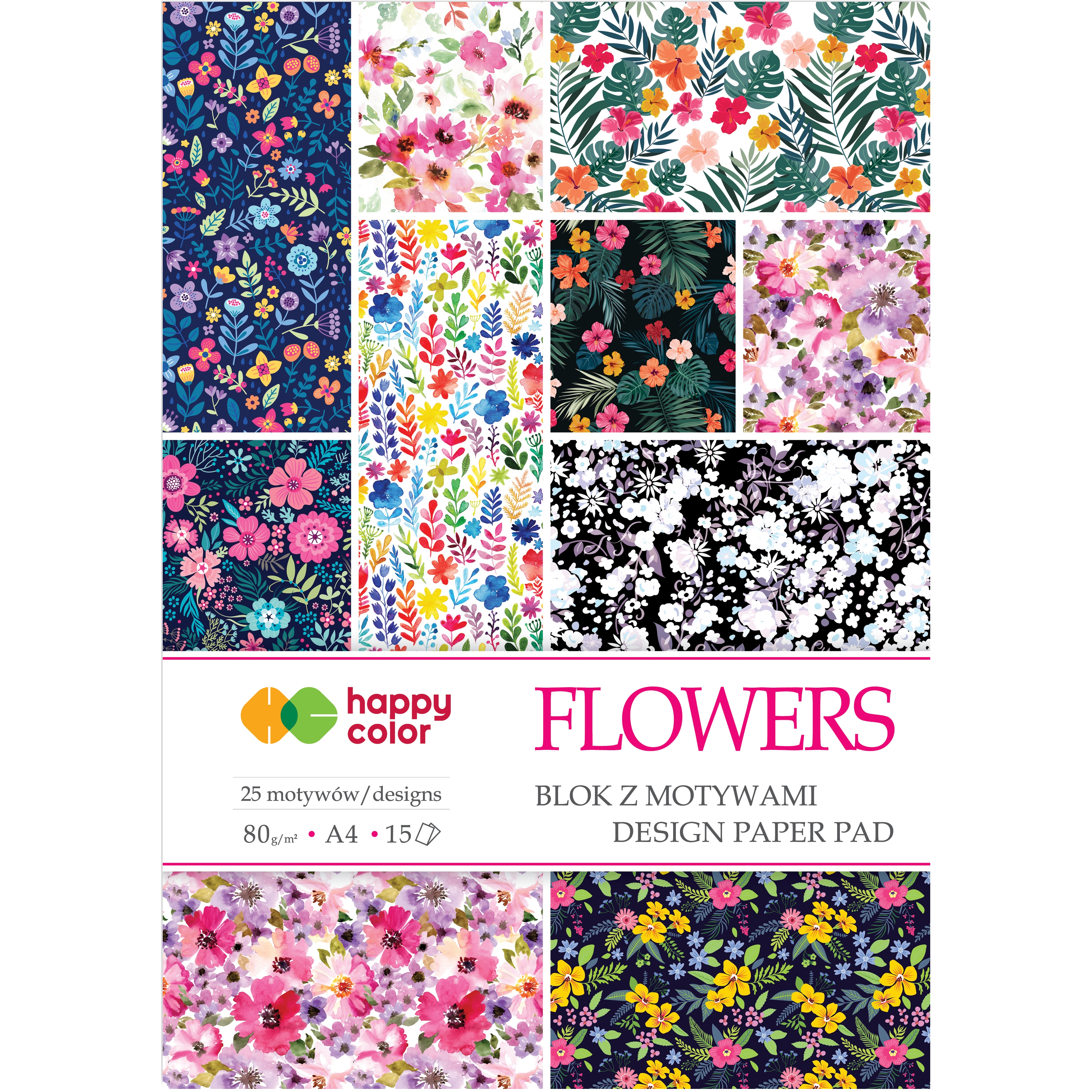 Blok z motywami flowers, A4, 80 g/m2, zestaw 15 arkuszy, 25 motywów, Happy Color | espryciarze.pl |Zamów online!