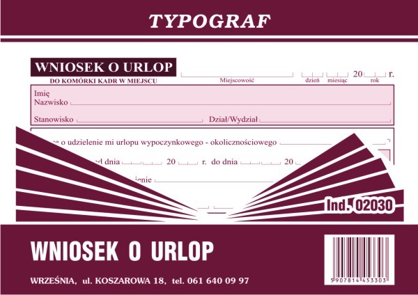 Druk wniosek o urlop A6 Typograf | espryciarze.pl |Kup taniej!