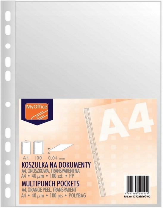 Koszulka na dokumenty my-office, A4/zestaw 100 sztuk. pp groszkowa bezbarwna, 40 mikr. | espryciarze.pl |Kup od ręki!