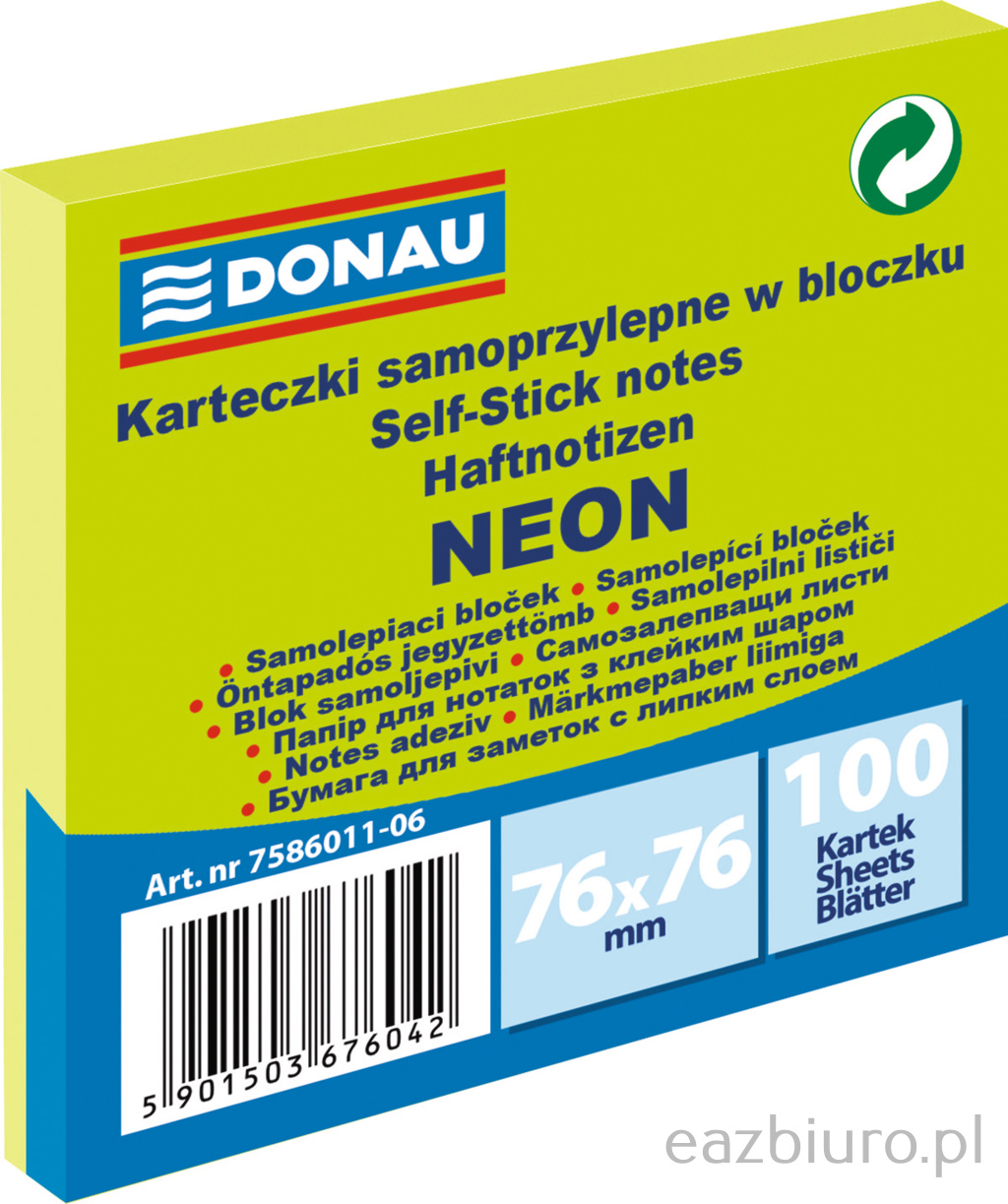 Bloczek samoprzylepny 76 x 76 mm Donau neon zielony 100 kartek | espryciarze.pl |Weź najlepszą cenę!