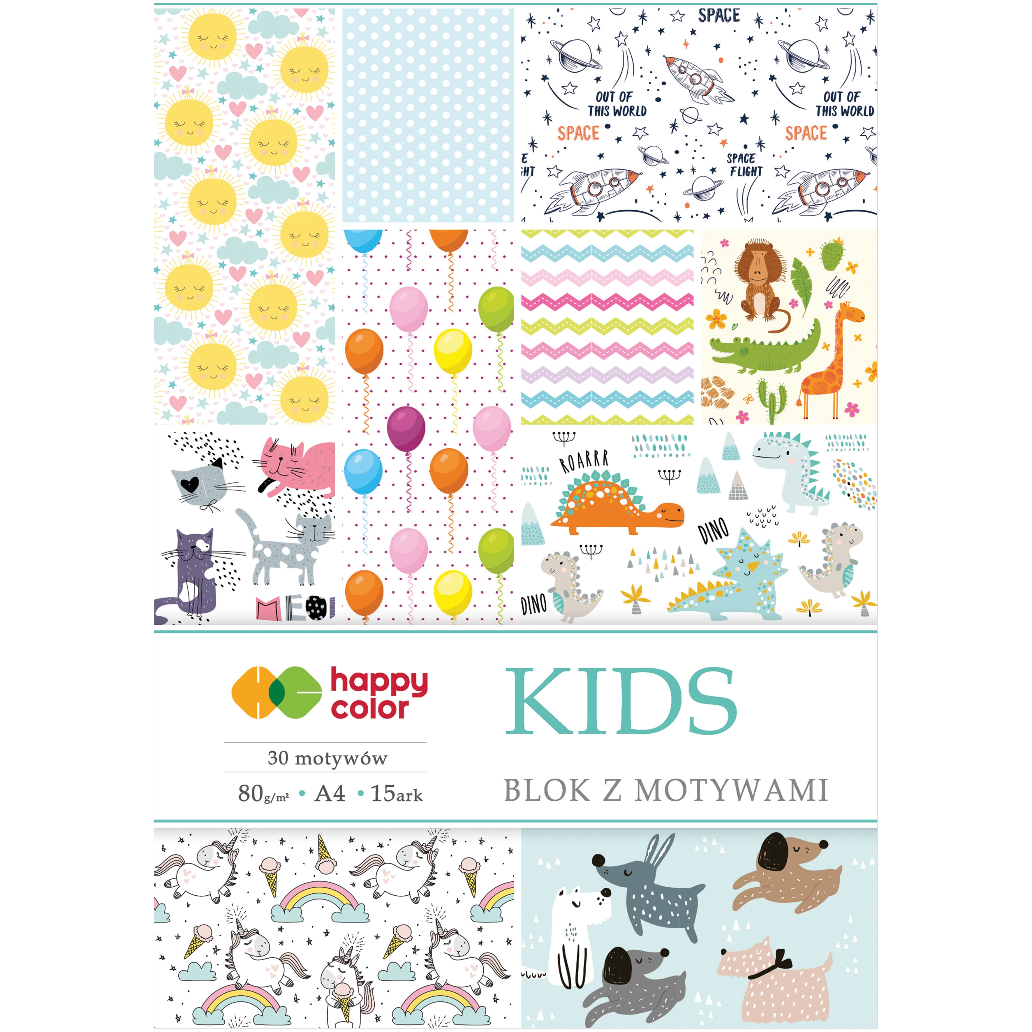 Blok z motywami kids, A4, 80 g/m2, zestaw 15 arkuszy, 30 motywów, Happy Color | espryciarze.pl |Sprawdź ofertę!