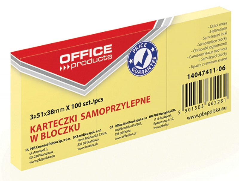Bloczek samoprzylepny Office Products, 38x51 mm, 1x100 kart., pastel, jasnożółty zestaw 3 | espryciarze.pl |Zamów natychmiast!