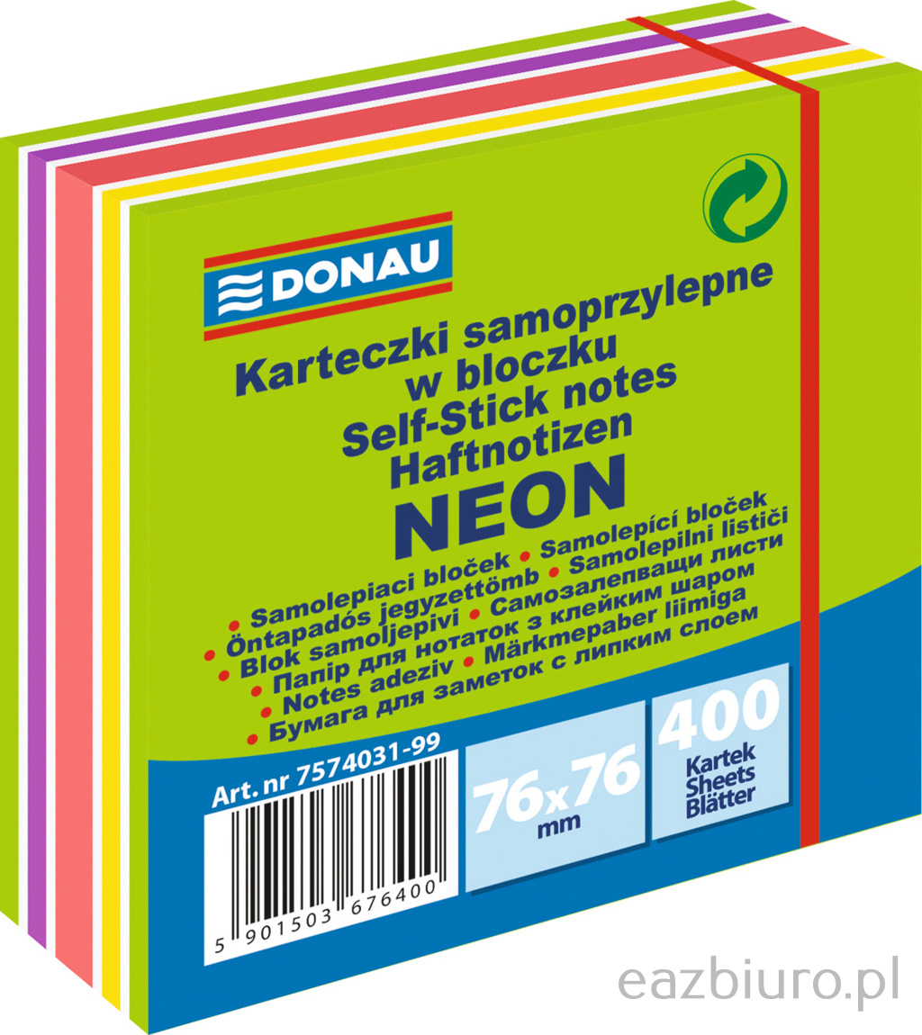 Bloczek samoprzylepny Donau 76 x 76 mm neon-pastel mix zielony 400 kartek | espryciarze.pl |Kliknij i kup!