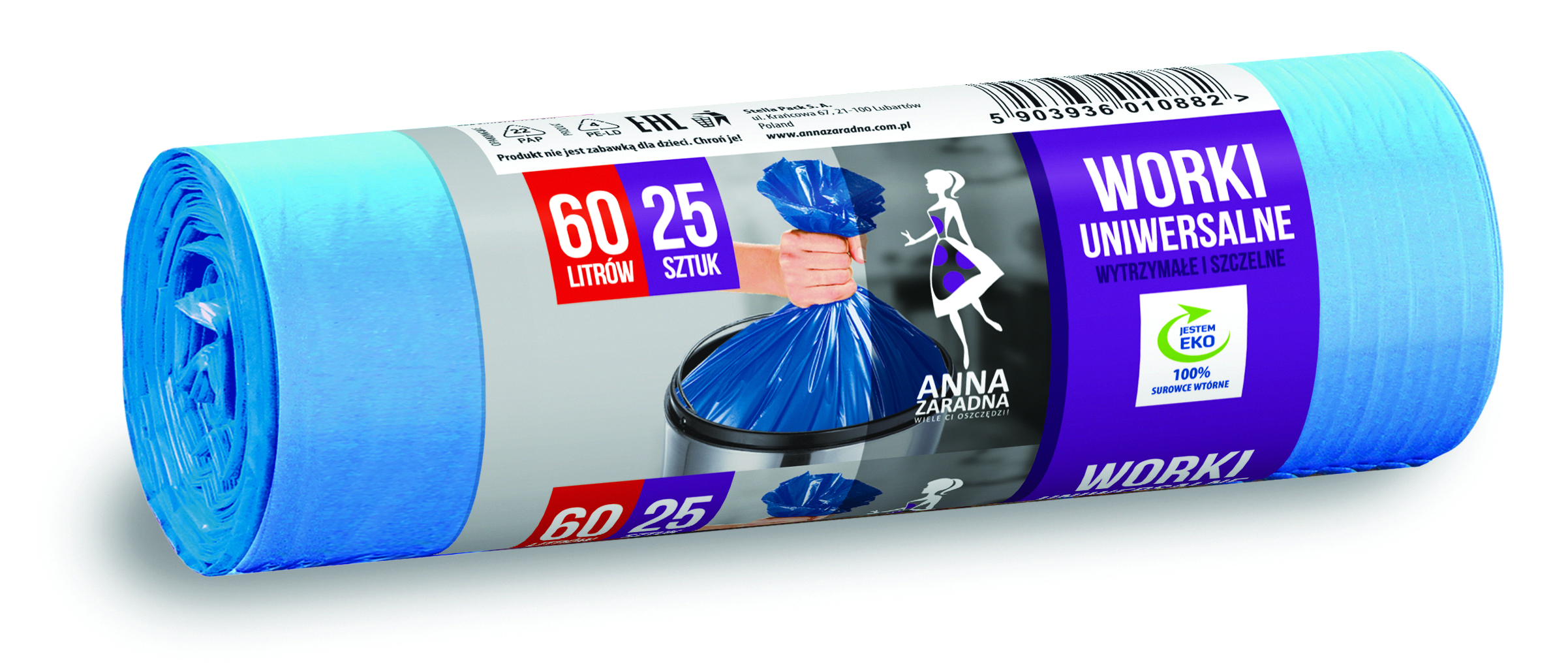 Worki na śmieci uniwersalne Anna Zaradna, 60 l, zestaw 25 sztuk., niebieskie | espryciarze.pl |Kup teraz!