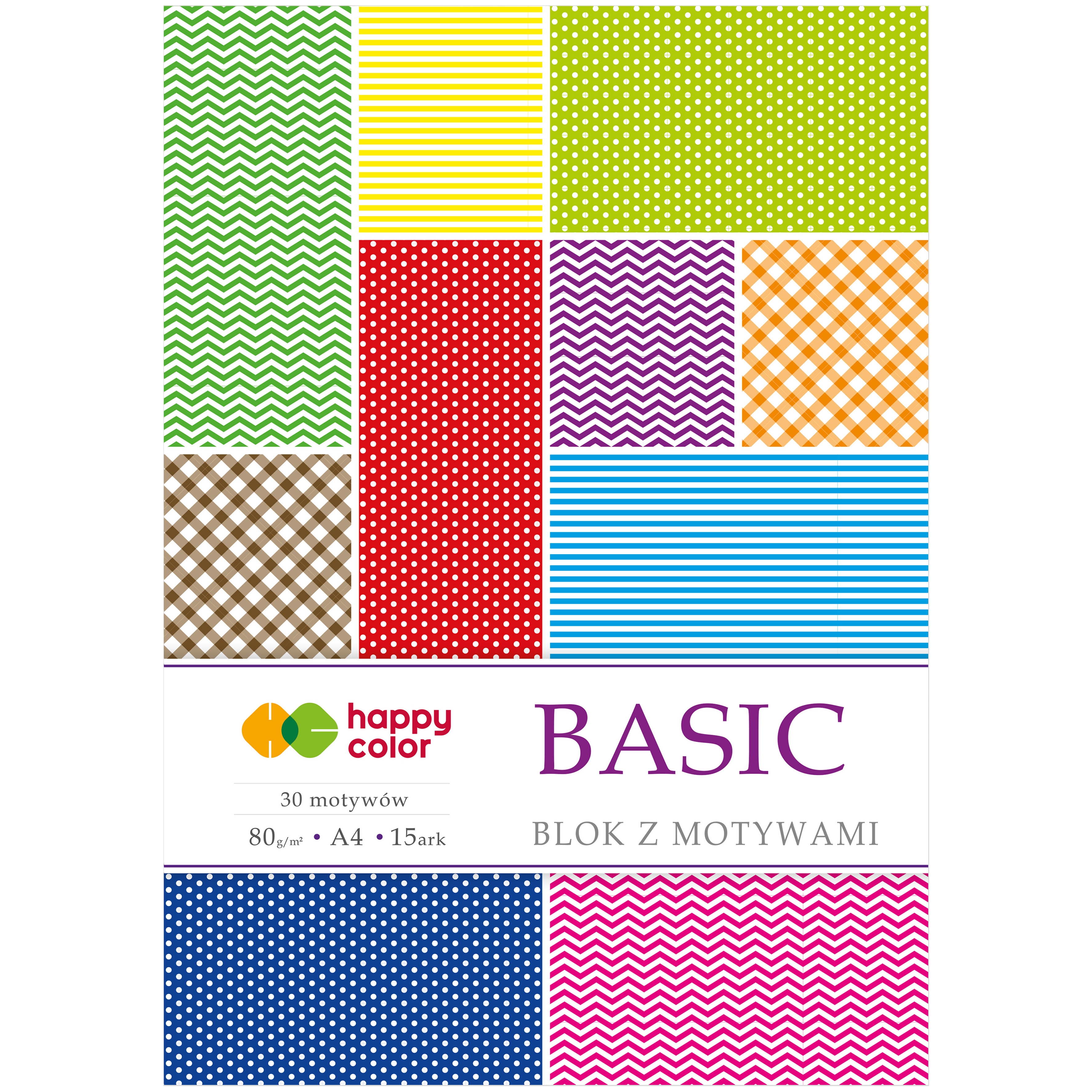Blok z motywami basic, 80 g/m2, A4, zestaw 15 arkuszy, 30 motywów, Happy Color | espryciarze.pl |Zamów natychmiast!