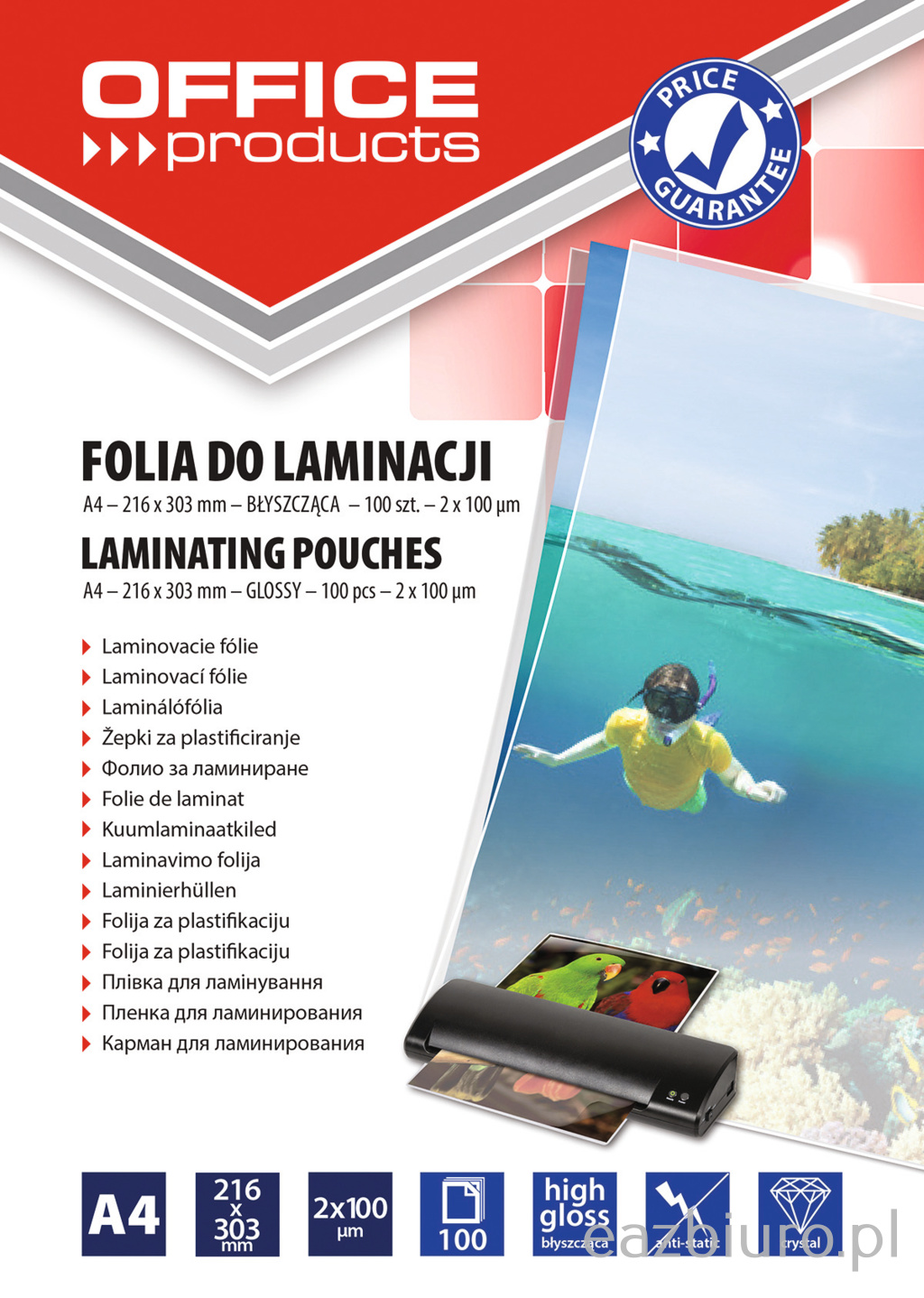 Folia do laminowania Office Products, A4, 2x100 mic, błyszcząca, zestaw 100 sztuk, | espryciarze.pl |Zamów online!