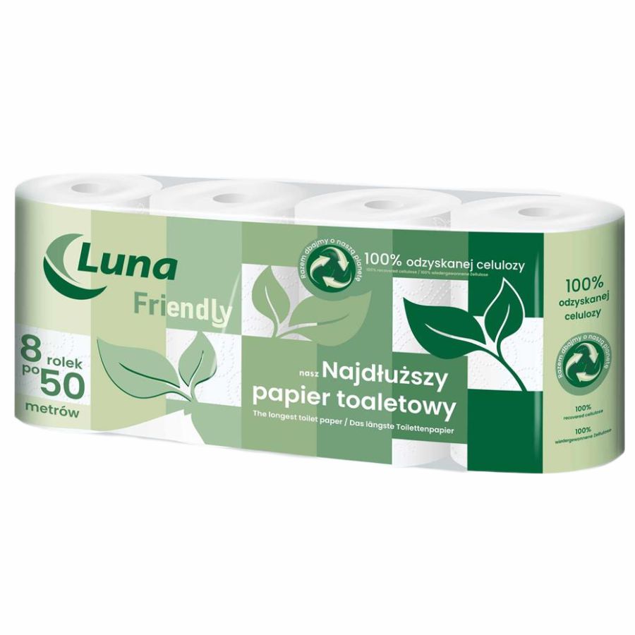 Papier toaletowy Luna Friendly 8 rolek z recyklingu celulozowy 2 warstwy 50 m na rolce | espryciarze.pl |Złap promocję!