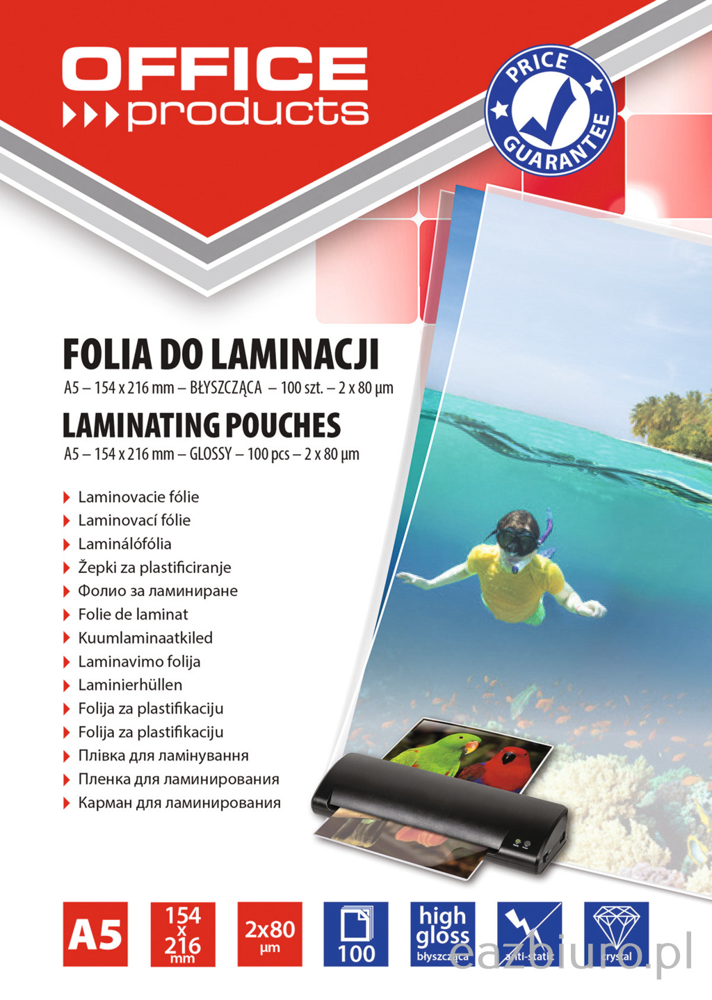 Folia do laminowania Office Products, A5, 2x80 mic, błyszcząca, zestaw 100 sztuk, | espryciarze.pl |Zgarnij ofertę!