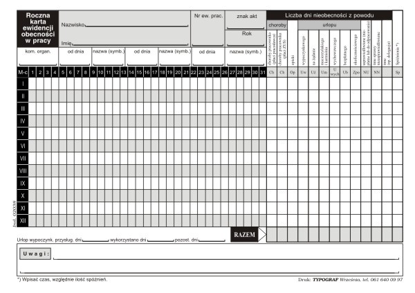 Druk roczna karta obecności w pracy Typograf zestaw 50 sztuk | espryciarze.pl |Zamów natychmiast!