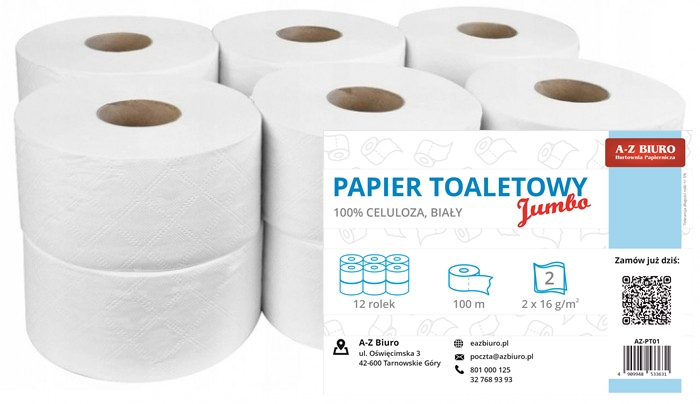 Papier toaletowy Jumbo, 2 warstwy, celulozowy, 12 rolek, 100 m, biały A-Z Biuro AZ-PT01 | espryciarze.pl |Zgarnij ofertę!