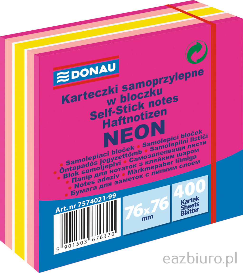 Bloczek samoprzylepny Donau 76 x 76 mm neon-pastel mix różowy 400 kartek | espryciarze.pl |Kup teraz!