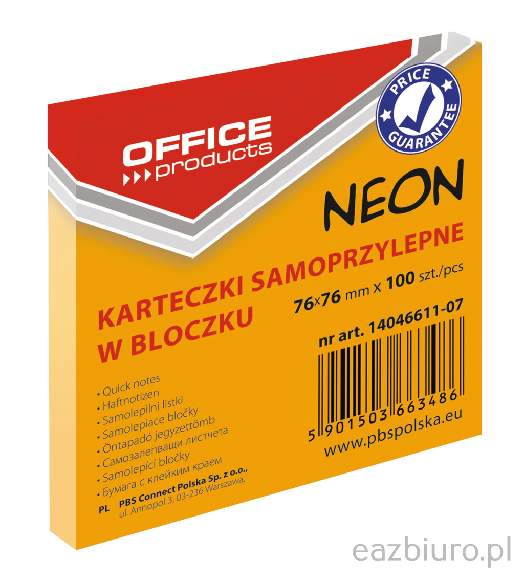 Bloczek samoprzylepny 76 x 76 neon pomarańczowy 100 kartek | espryciarze.pl |Zamów online!