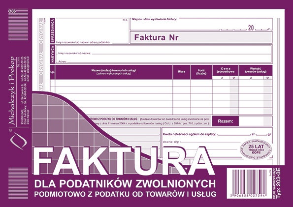Druk faktura dla podatników zwolnionych podmiotowo z podatku od towarów i usług M&P | espryciarze.pl |Zgarnij ofertę!