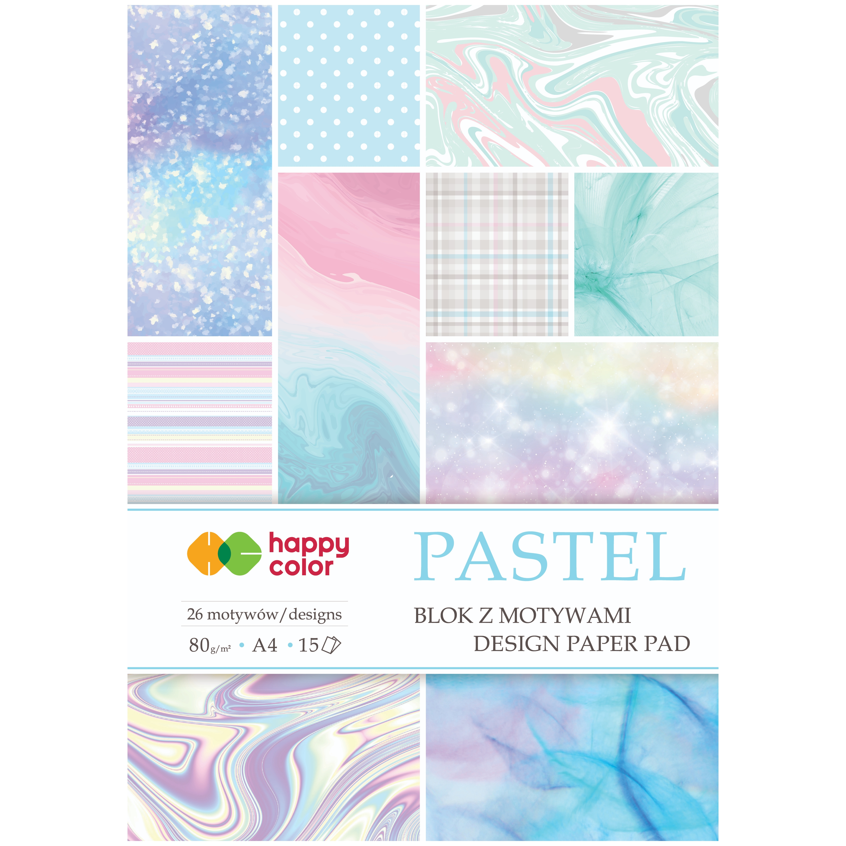 Blok z motywami pastel, A4, 80 g/m2, zestaw 15 arkuszy, 26 motywów, Happy Color | espryciarze.pl |Kup od ręki!