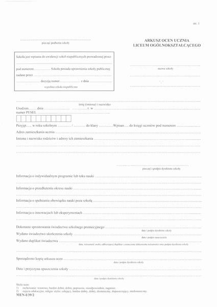 Druk arkusz Ocen dla uczniów liceum ogólnokształcącego dla młodzieży MEN-I 39-2 | espryciarze.pl |Nie zwlekaj!