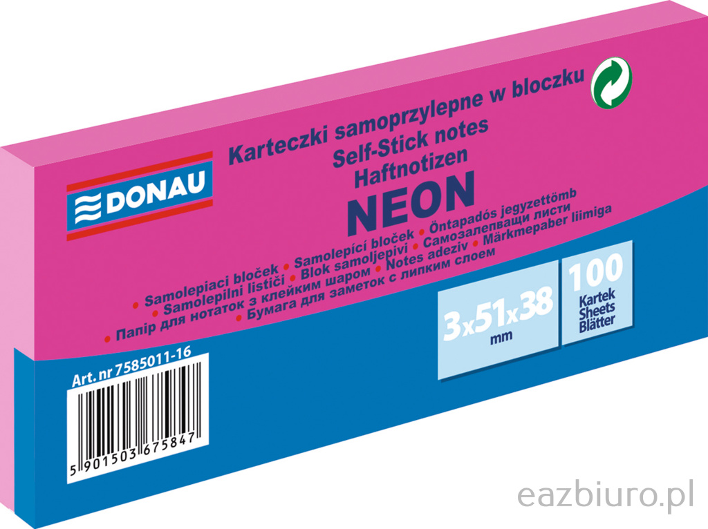 Bloczek samoprzylepny 51 x 38 mm Donau neon różowy 3 x 100 kartek | espryciarze.pl |Kup teraz!