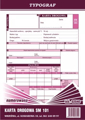 Druk karta drogowa na samochody osobowe sm 101 numerowana A5 | espryciarze.pl |Skorzystaj teraz!