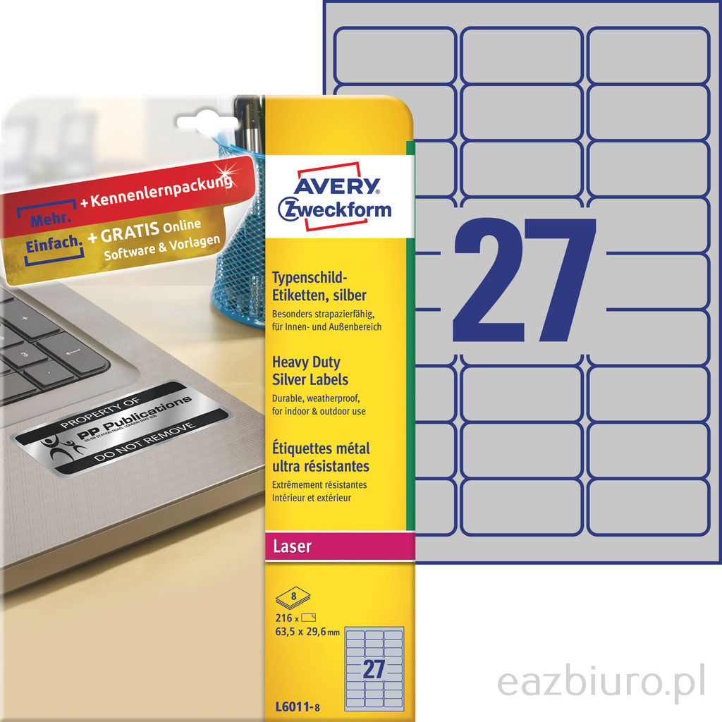 Etykiety znamionowe srebrne Avery Zweckform; A4, 8 ark./op., 63,5 x 29,6 mm, poliestrowe | espryciarze.pl |Skorzystaj teraz!