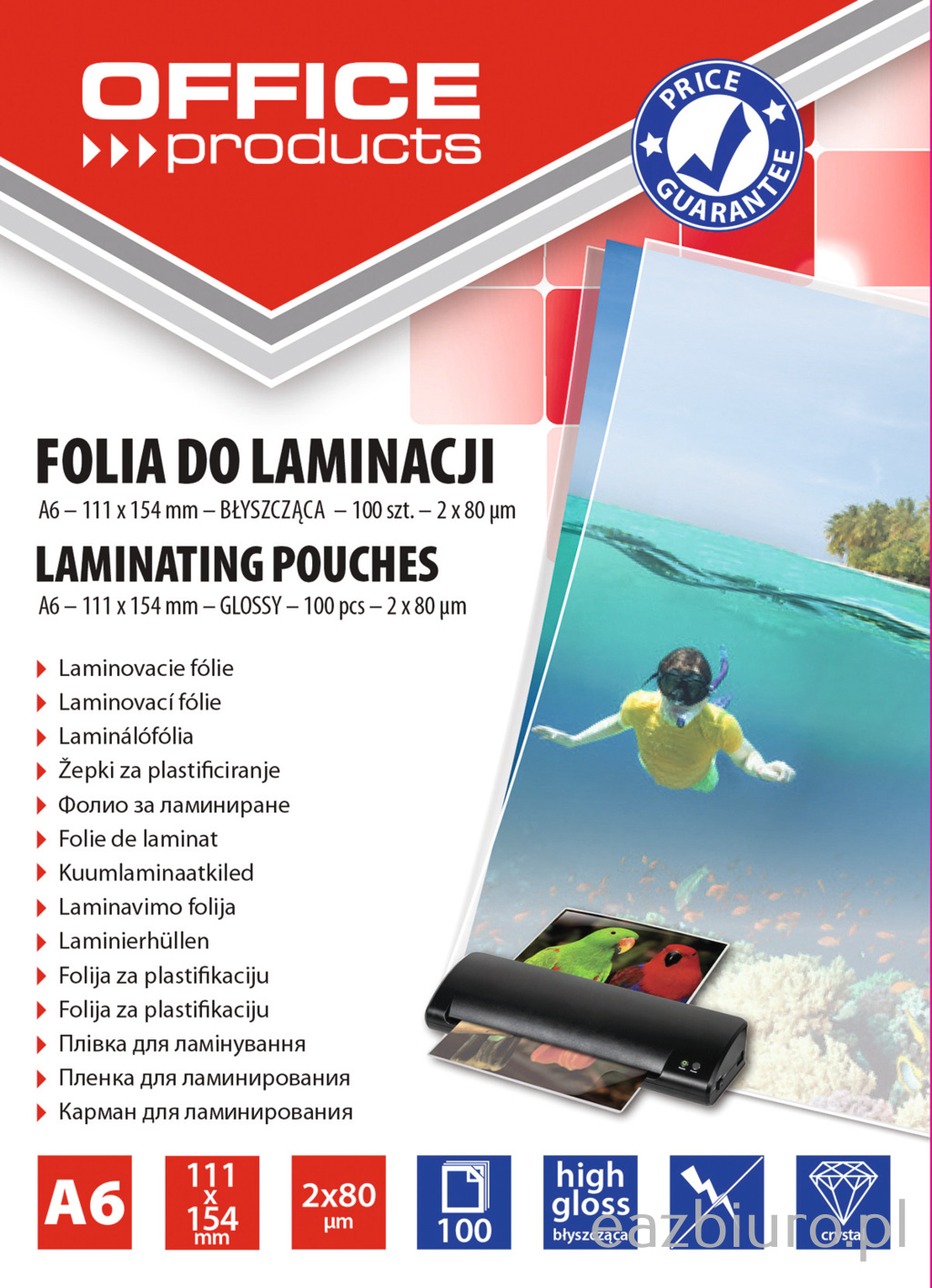 Folia do laminowania Office Products, A6, 2x80 mic, błyszcząca, zestaw 100 sztuk, | espryciarze.pl |Kup od ręki!