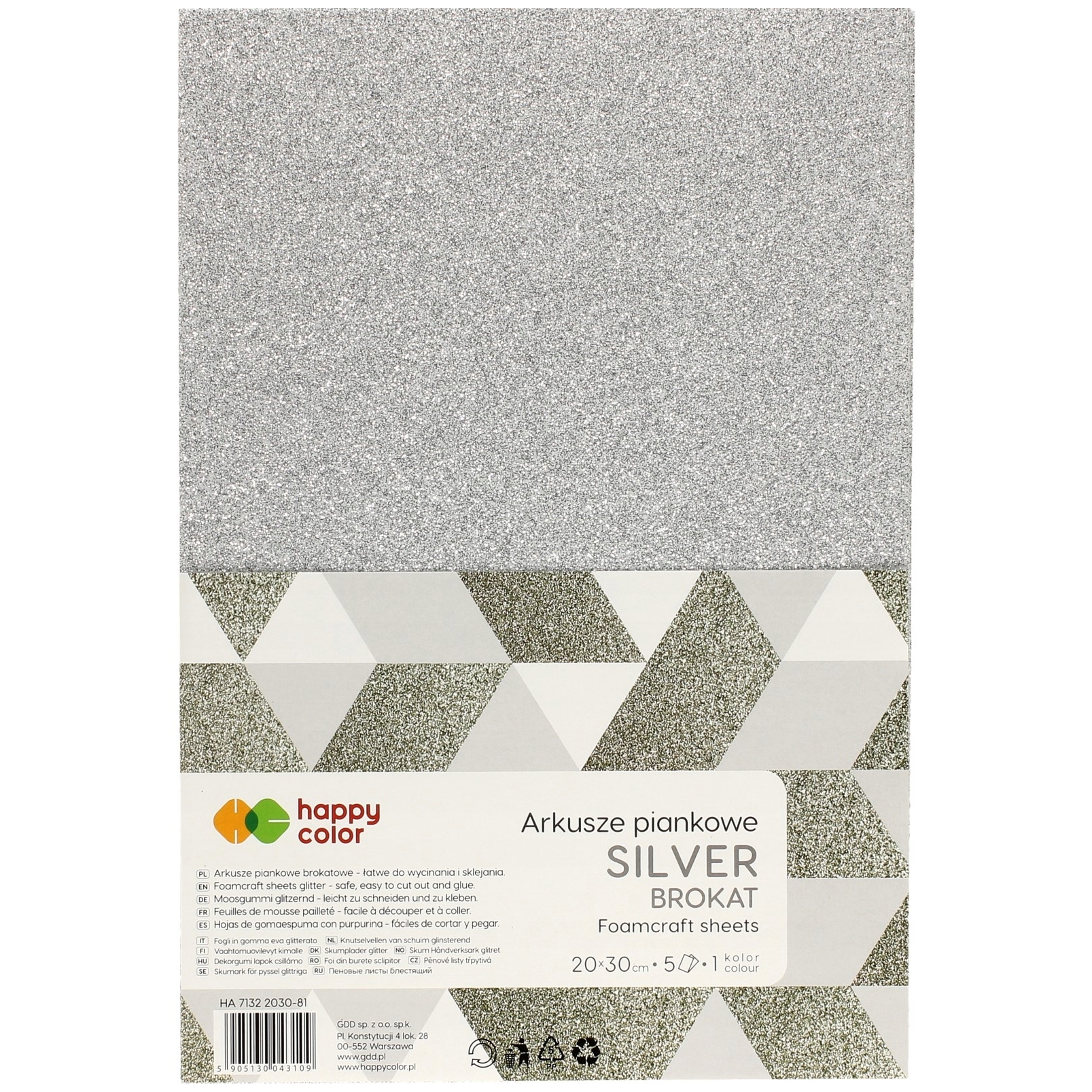 Arkusze piankowe brokatowe A4, zestaw 5 sztuk, srebrny, Happy Color | espryciarze.pl |Kup taniej!