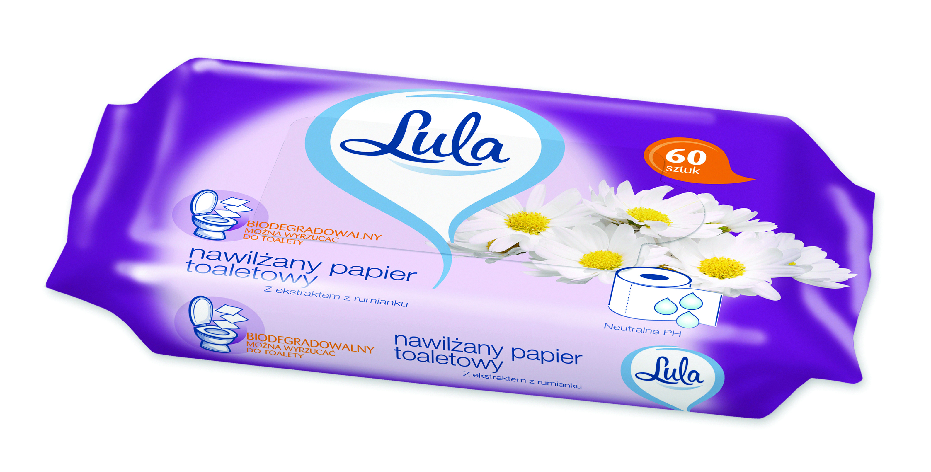 Nawilżany papier toaletowy, lula, z ekstraktem z rumianku, zestaw 60 sztuk., biały papier | espryciarze.pl |Kup taniej!