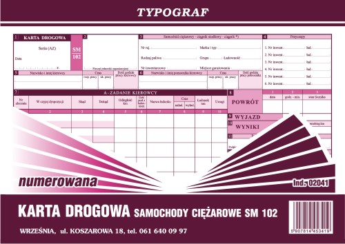 Druk karta drogowa na samochody ciężarowe sm102 numerowana A4 | espryciarze.pl |Złap promocję!