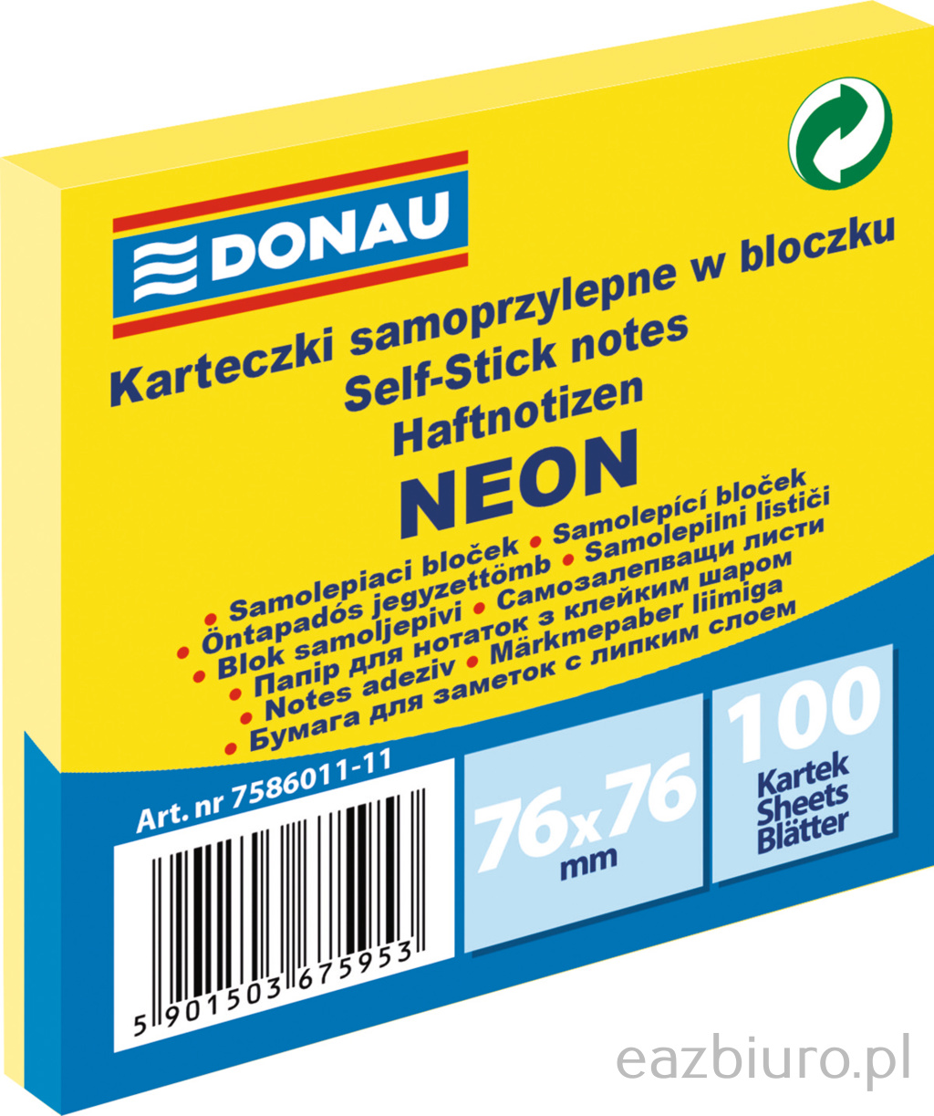 Bloczek samoprzylepny 76 x 76 mm Donau neon żółty 100 kartek | espryciarze.pl |Kup w super cenie!