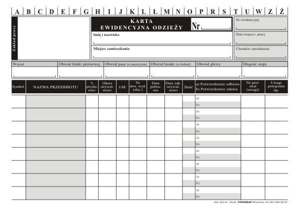 Druk ewidencja odzieży A5 zestaw 50 sztuk Typograf | espryciarze.pl |Złap promocję!