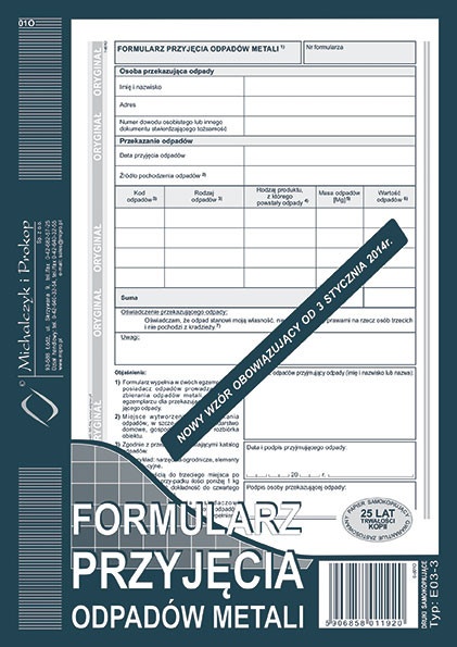 Druk formularz przyjęcia odpadów metali M&P | espryciarze.pl |Zamów dziś!