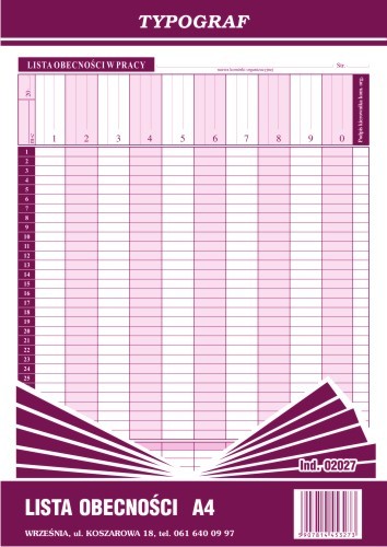 Druk lista obecności A4 Typograf | espryciarze.pl |Skorzystaj teraz!