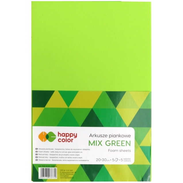Arkusze piankowe A4, zestaw 5 sztuk, 5 kolorów, 2 rodzaje, mix green, Happy Color | espryciarze.pl |Kup taniej!