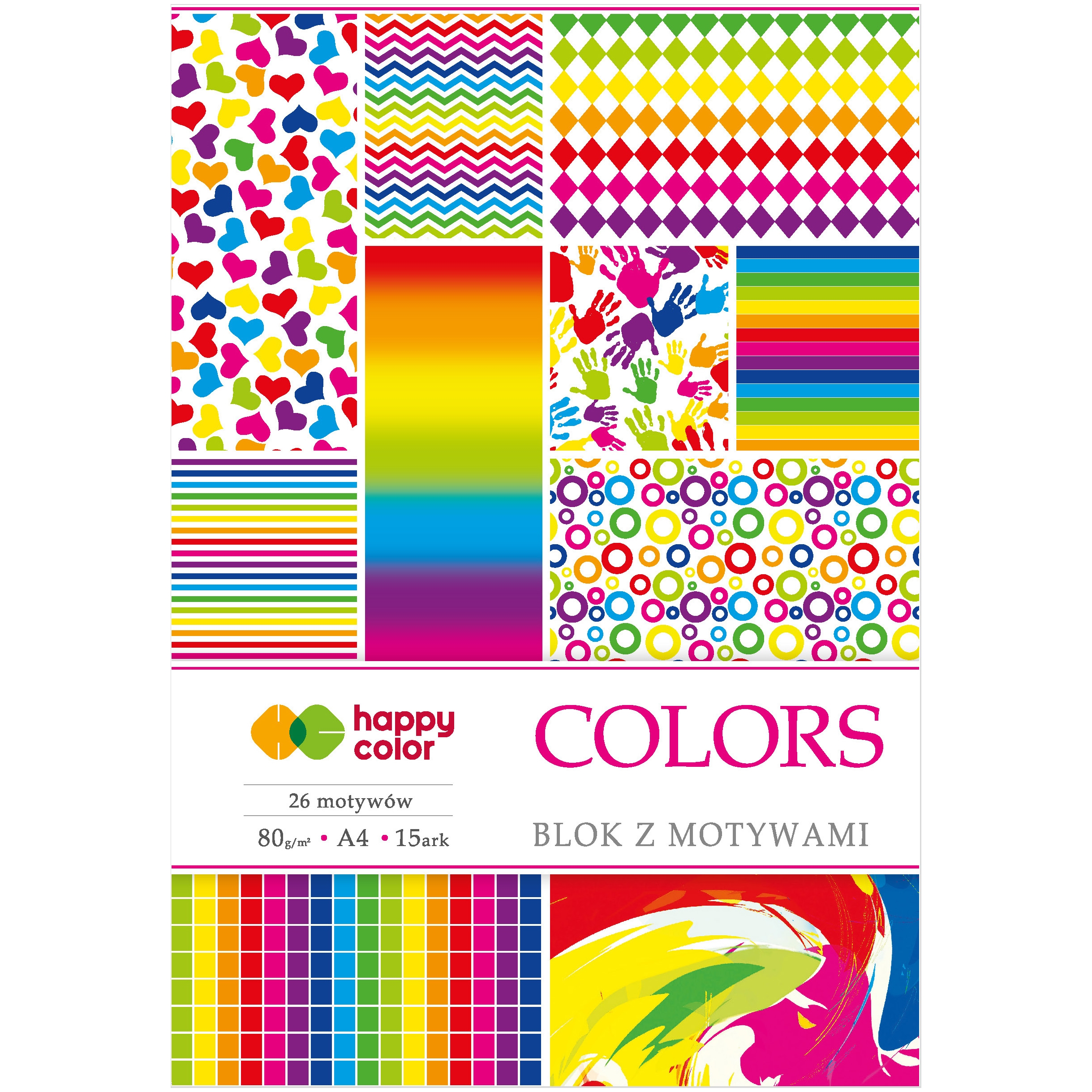Blok z motywami colors, A4, 80 g/m2, zestaw 15 arkuszy, 26 motywów, Happy Color | espryciarze.pl |Kup teraz!