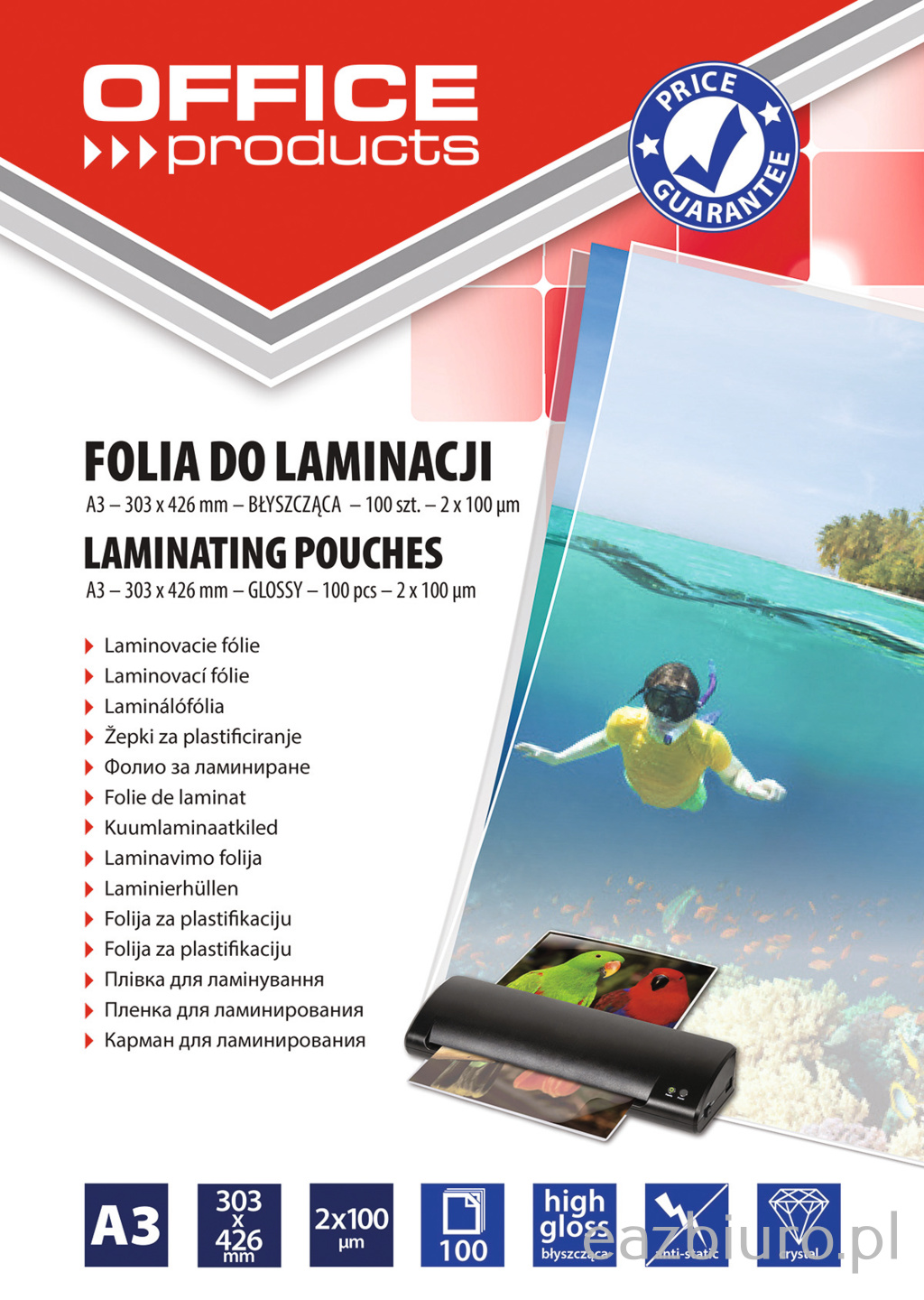 Folia do laminowania Office Products, A3, 2x100 mic, błyszcząca, zestaw 100 sztuk, | espryciarze.pl |Kup teraz!