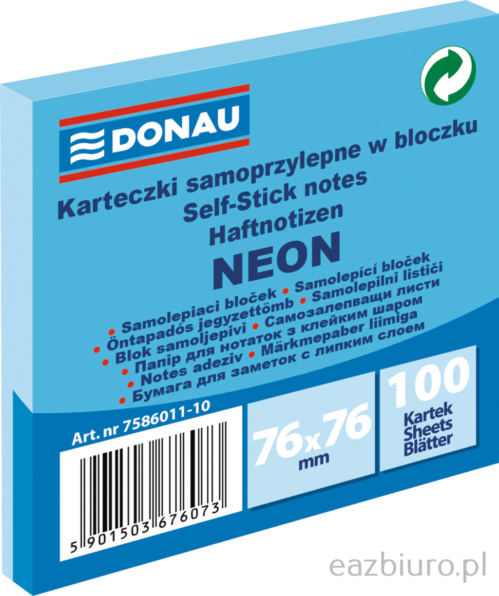 Bloczek samoprzylepny 76 x 76 mm Donau neon niebieski 100 kartek | espryciarze.pl |Działaj teraz!