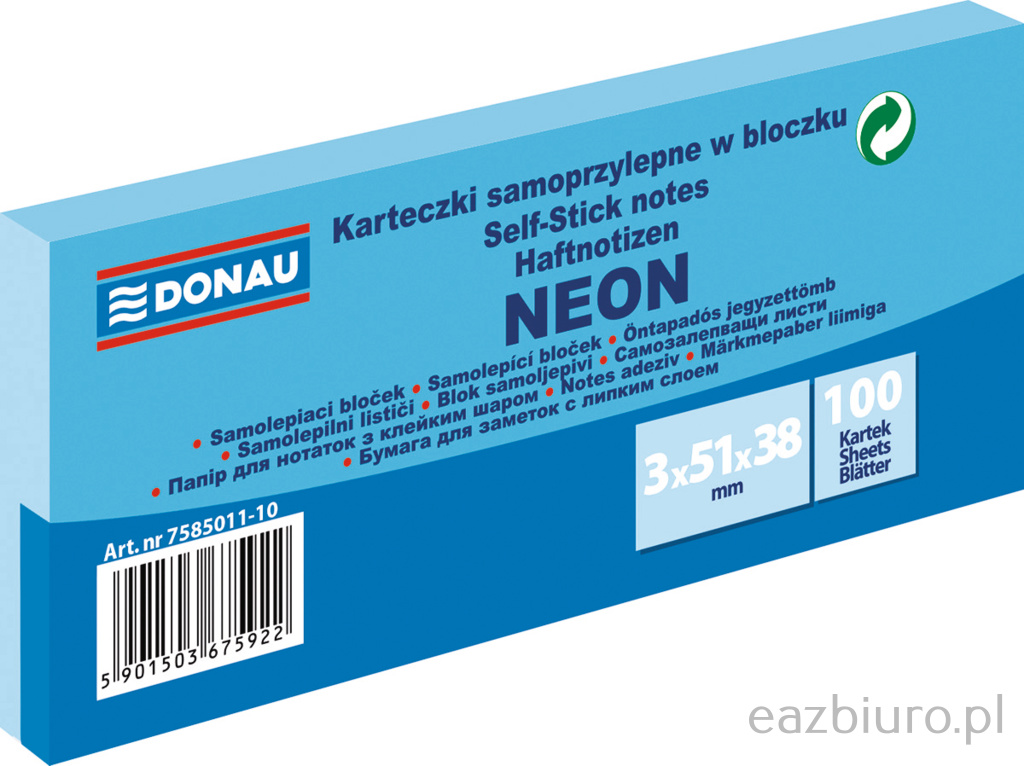 Bloczek samoprzylepny Donau, 38 x 51 mm, 3 x 100 karteczek, neon, niebieski | espryciarze.pl |Kup w super cenie!