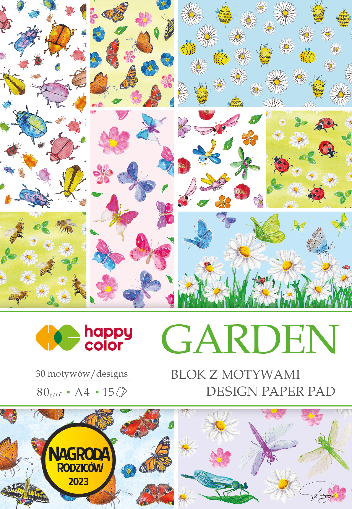 Blok z motywami garden, A4, 80 g/m2, zestaw 15 arkuszy, 30 motywów, Happy Color | espryciarze.pl |Zamów dziś!