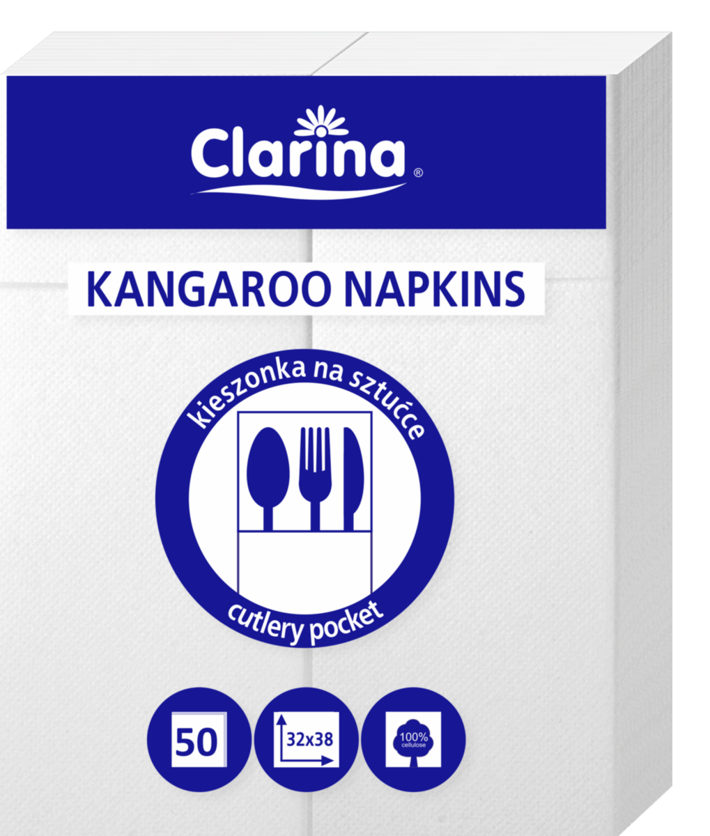 Serwetki kangurki z kieszonką na sztućce Clarina 2-warstwowe 32 x 38 zestaw 50 sztuk. | espryciarze.pl |Zamów online!
