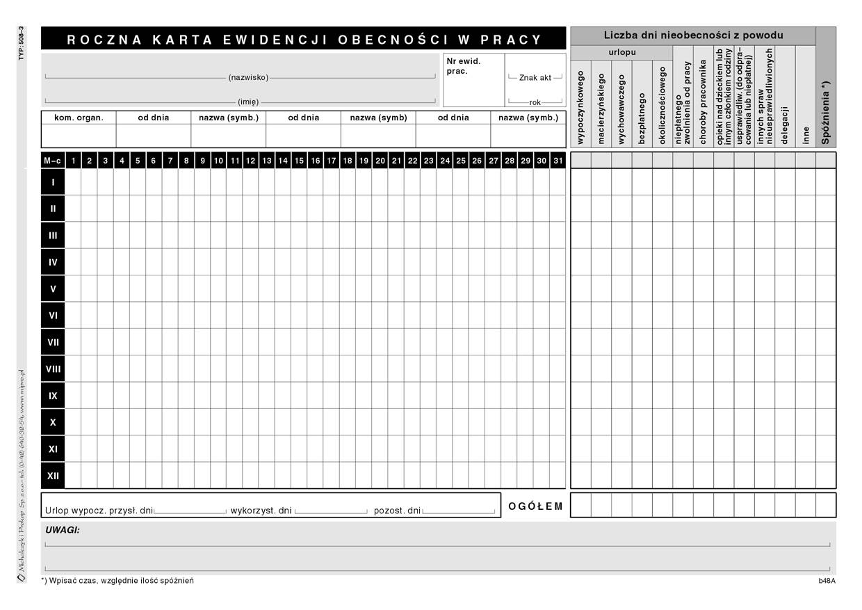 Druk roczna karta ewidencji obecności w pracy M&P | espryciarze.pl |Kliknij i kup!