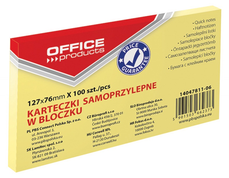 Bloczek samoprzylepny Office Products, 127 x 76 mm, 1 x 100 kart., pastel, jasnożółty | espryciarze.pl |Kup od ręki!