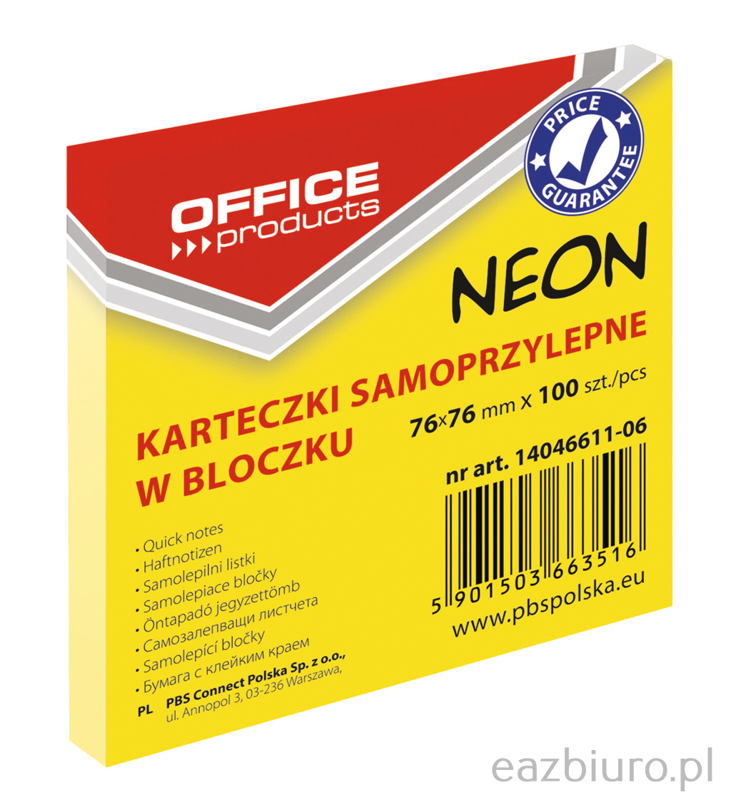 Bloczek samoprzylepny 76 x 76 mm neon żółty 100 kartek | espryciarze.pl |Zamów dziś!