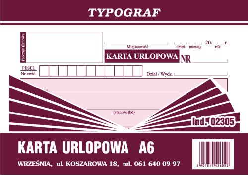 Druk karta urlopowa A6 offset Typograf | espryciarze.pl |Zamów natychmiast!