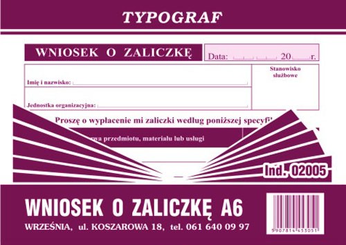 Druk wniosek o zaliczkę Typograf A6 | espryciarze.pl |Zamów online!