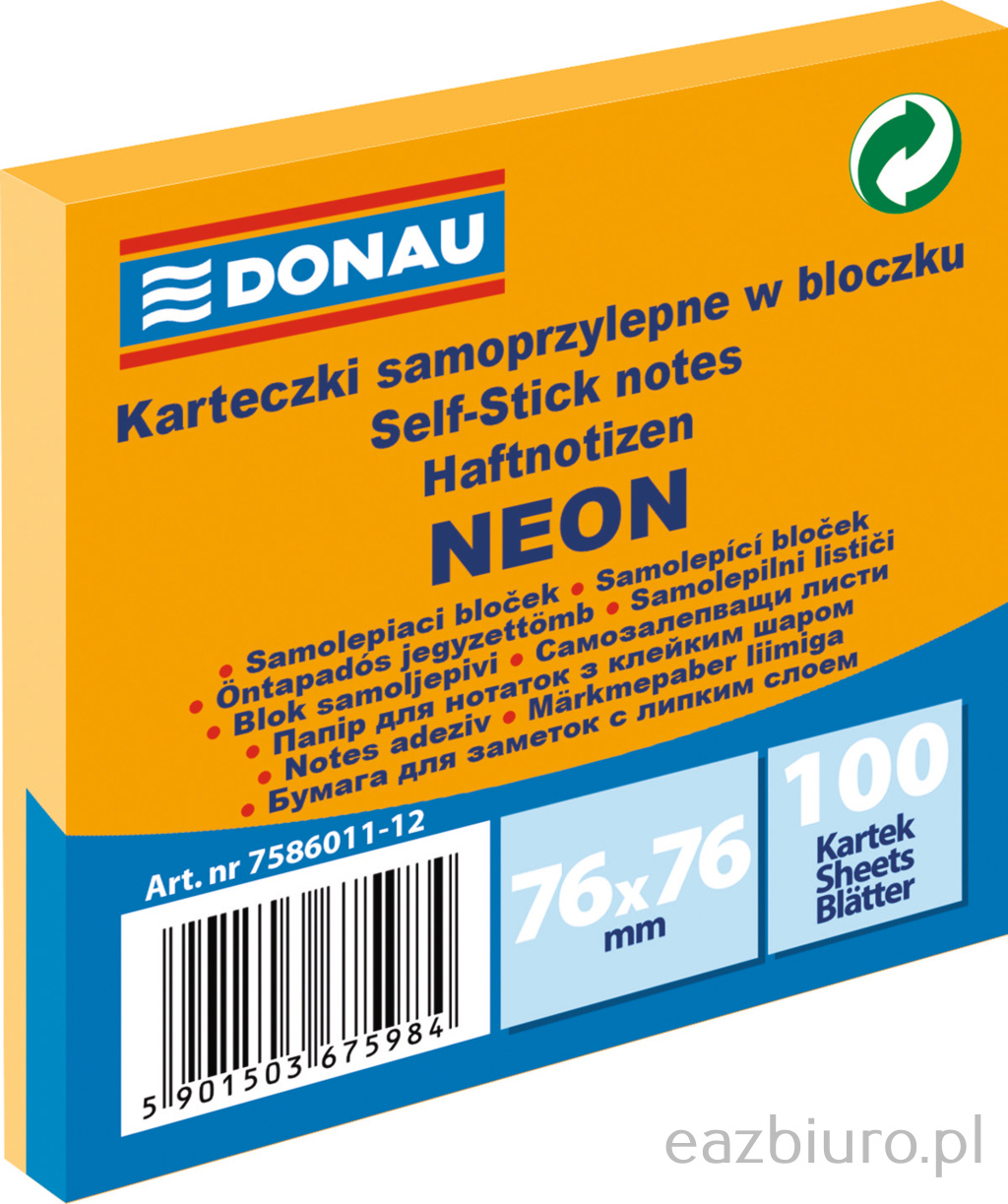 Bloczek samoprzylepny 76 x 76 mm Donau neon pomarańczowy 100 kartek | espryciarze.pl |Nie zwlekaj!