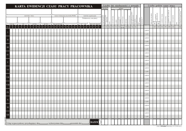 Druk karta ewidencji czasu pracy A4 | espryciarze.pl |Zamów online!