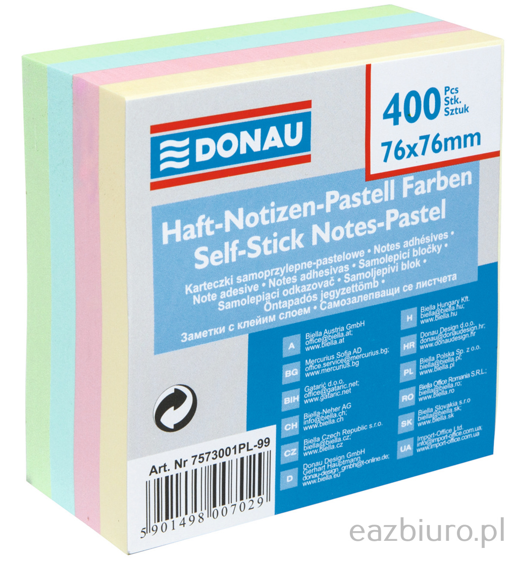 Bloczek samoprzylepny Donau 76 x 76 mm 400 kartek 4 kolory pastelowe | espryciarze.pl |Kup w super cenie!