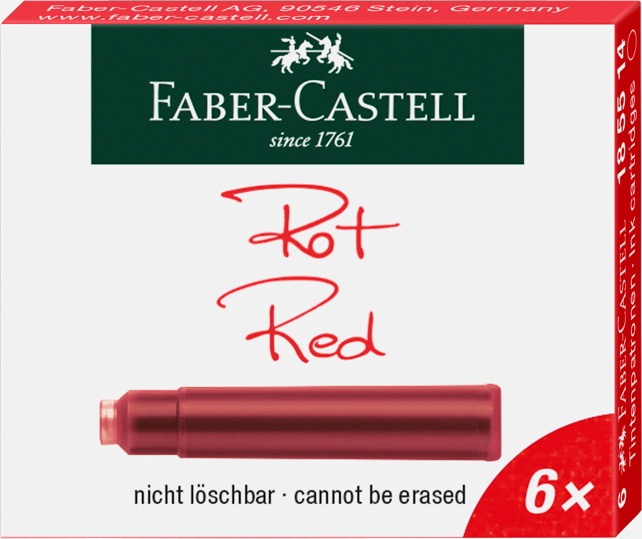 Naboje atramentowe krótkie czerwone zestaw 6 sztuk kartonik Faber-Castell | espryciarze.pl |Kup od ręki!