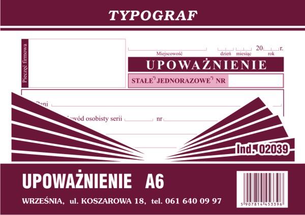 Druk upoważnienie A6 Typograf offset | espryciarze.pl |Kliknij i kup!