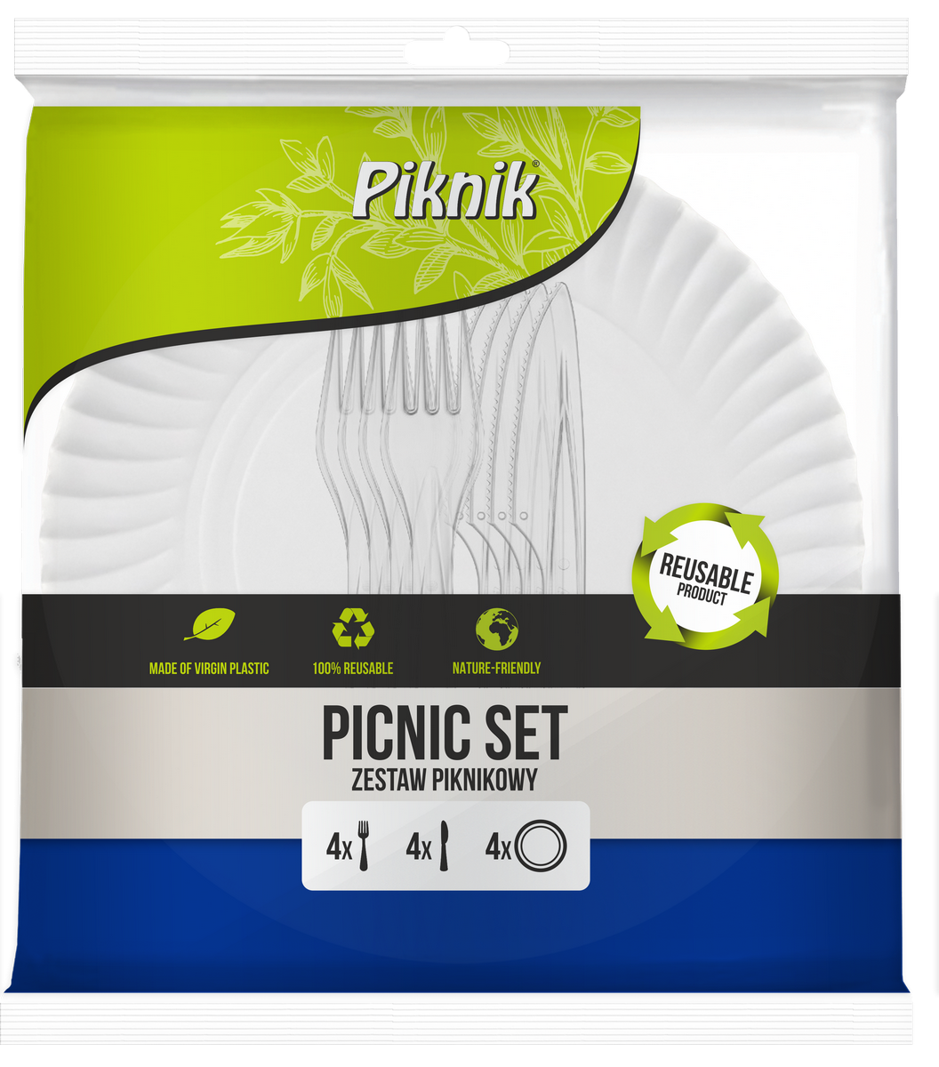 Zestaw piknikowy wielokrotnego użytku 12 sztuk. (4x nóż, 4x widelec, 4x talerz) Piknik | espryciarze.pl |Zgarnij ofertę!