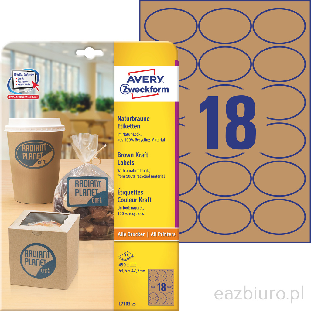Brązowe etykiety na produkty Avery Zweckform, A4, 25 ark./op., 63,5 x 42,3 mm, owalne | espryciarze.pl |Złap promocję!